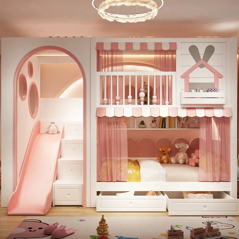 

Детская кровать из цельного дерева для девочек, двухэтажная кровать с высоким ограждением и широким замком для маленькой квартиры