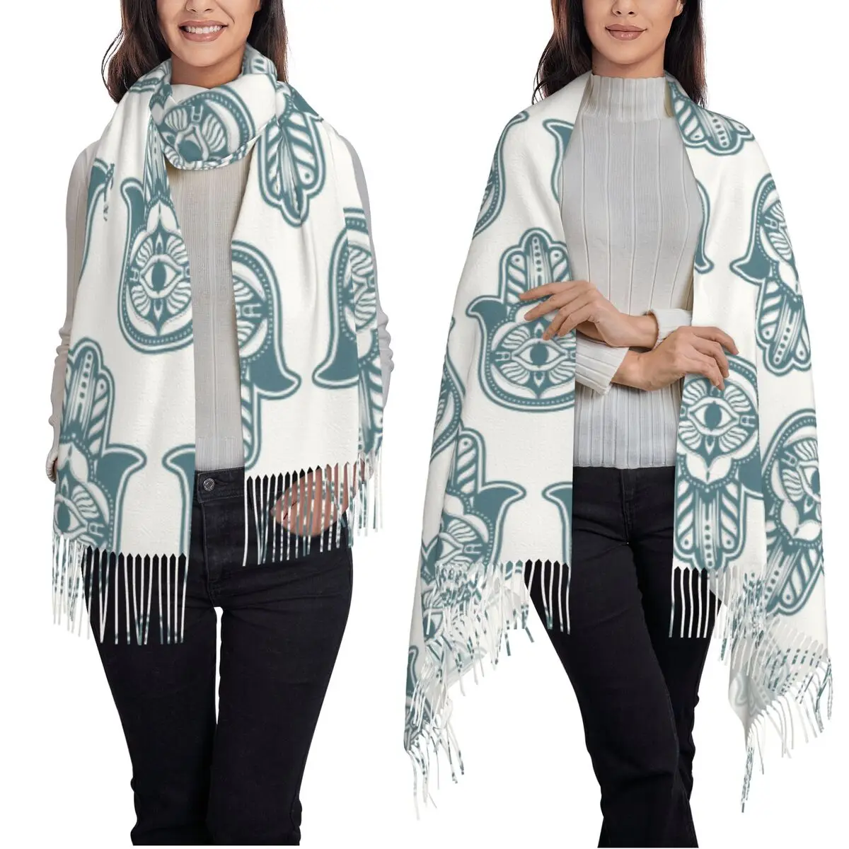함사 악마의 눈 함사 핸드 보헤미안 스카프 태슬 스카프 여성용 부드럽고 따뜻한 숄 및 랩 롱 가을 겨울 숄 랩
