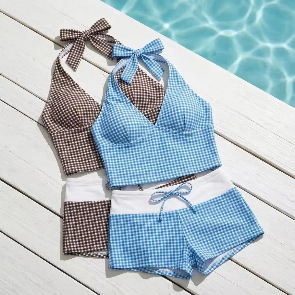 Gingham Pattern Halter Tankini Set Adjustable Tie Halter Neck Gingham Swimsuit Set Breathable Fabric Quick Drying