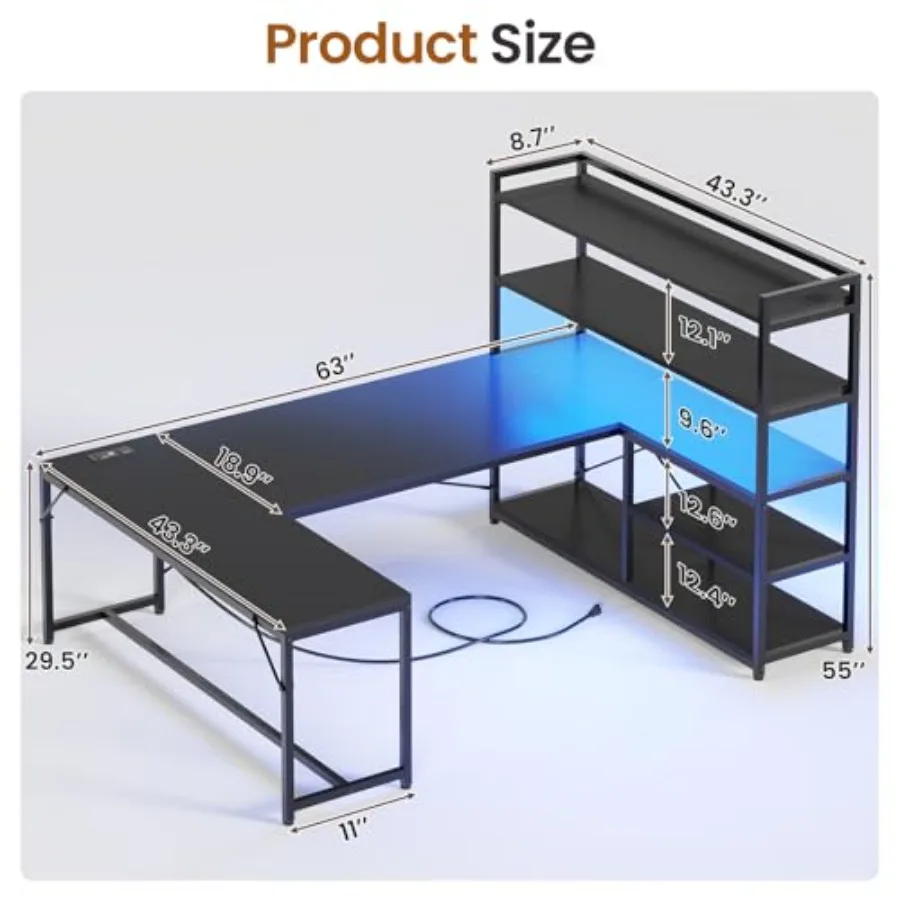 L Shaped Gaming Desk for home office, engineered wood in black, with built-in power outlet, storage shelves, and RGB LED lights