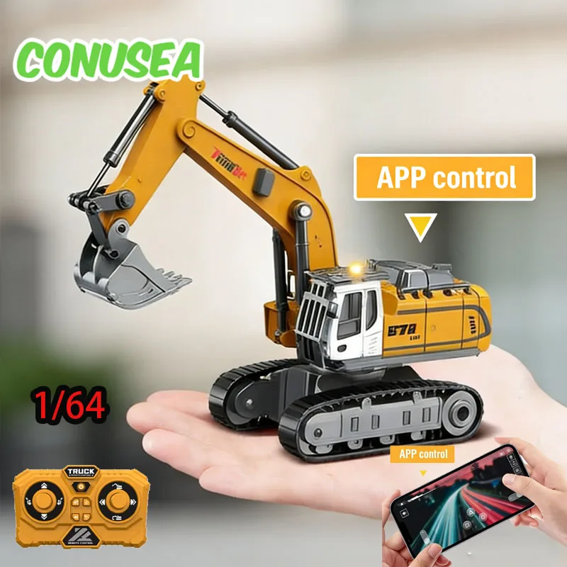 Rc Excavator 1/64 Mini Alloy Remote Controlled Engineering Vehicle Construction Crawler Trucks with Light Sound Toys Kids Adult