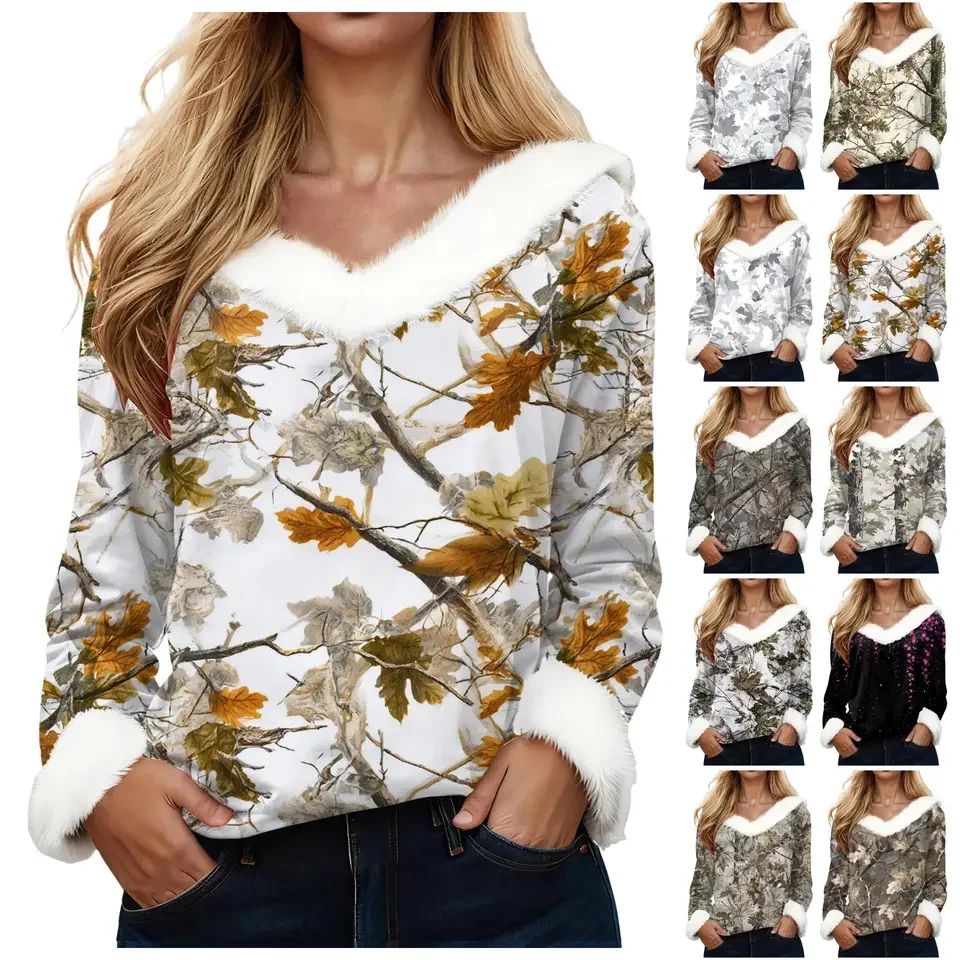 Women'S Fashion Casual Print Top V Neck Casual Loose Long Sleeve Pullover Top Comfy Autumn Shirts Femme Crop Tops