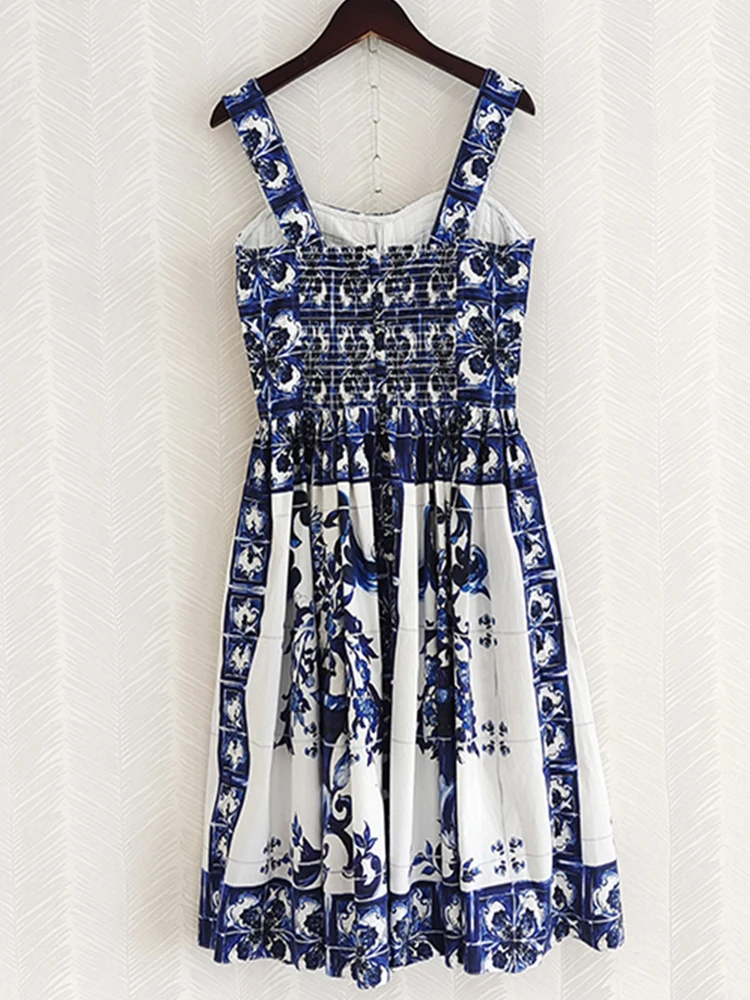 AELESEEN Women Sicily 100% Cotton Dress Runway Fashion Spaghetti Strap Backless Blue White Porcelain Print Holiday Party