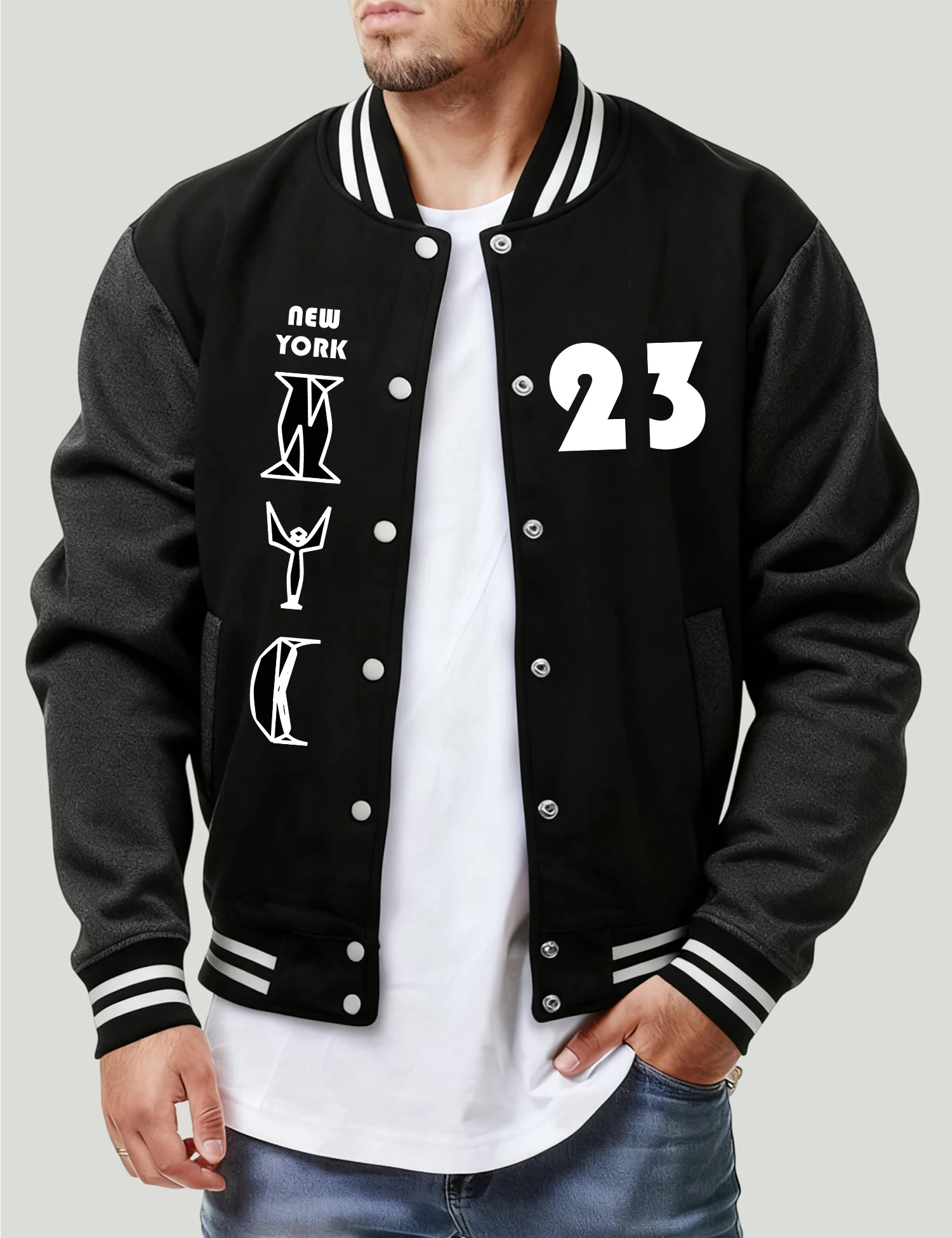 

Мужские бейсбольные куртки с принтом Нью-Йорка No 23, флисовое универсальное пальто, осенняя повседневная свободная одежда, мужской американский винтажный трикотаж