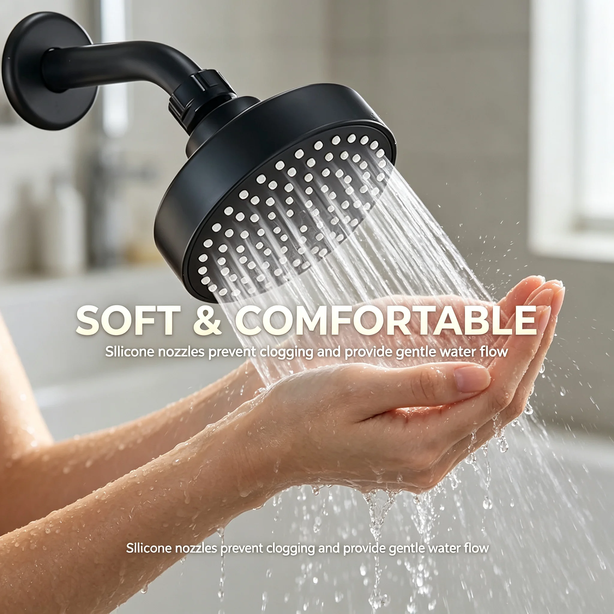 Matte Silver High Pressure Shower Head Round Overhead Rainfall Sprayer with Wall Mount Arm Anti-Clog Silicone Nozzles