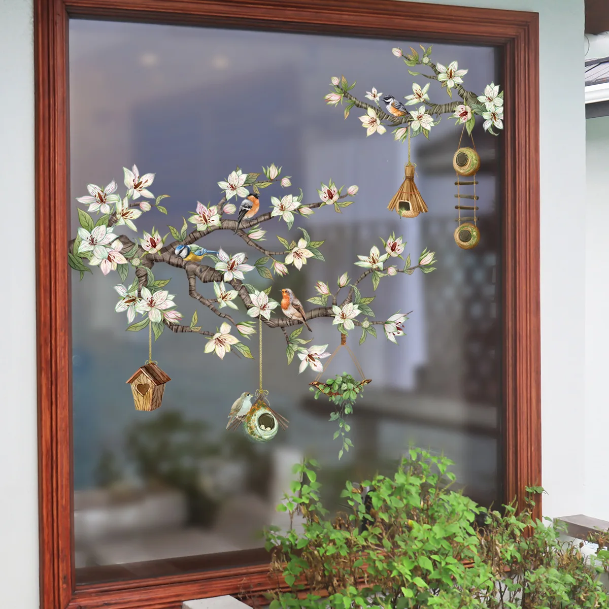 New Birds on Flower Branch Window Wall Sticker murale autoadesivo Décoration Birdcage Decal Wallpaper per la decorazione della stanza di vetro