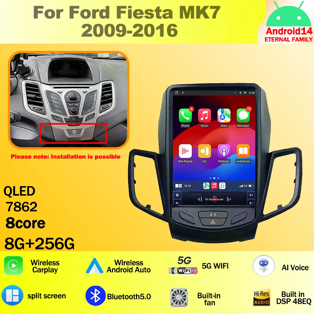 9.7 inch For Ford Fiesta MK7 2009-2016 accessories Android 14 Car Radio Multimedia Video Player GPS QLED screen Carplay WIFI 4G