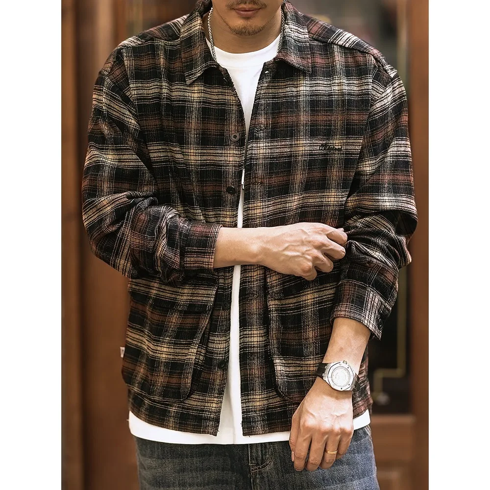 Spring and Autumn's new fashionable pure cotton Japanese-style retro checked shirt men's casual shirt jacket