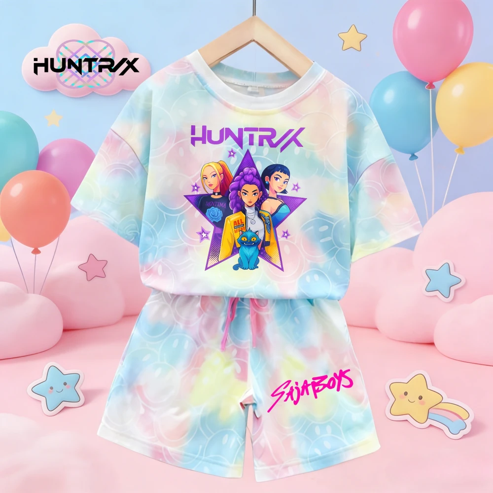 ชุดเสื้อยืดแขนสั้นผ้าฝ้ายเนื้อนุ่มลายหน้ายิ้มน่ารัก Kpop Demon Hunters และกางเกงขายาว ชุดนอนเด็กผู้หญิงสำหรับฤดูร้อน ของขวัญชุดลำลอง