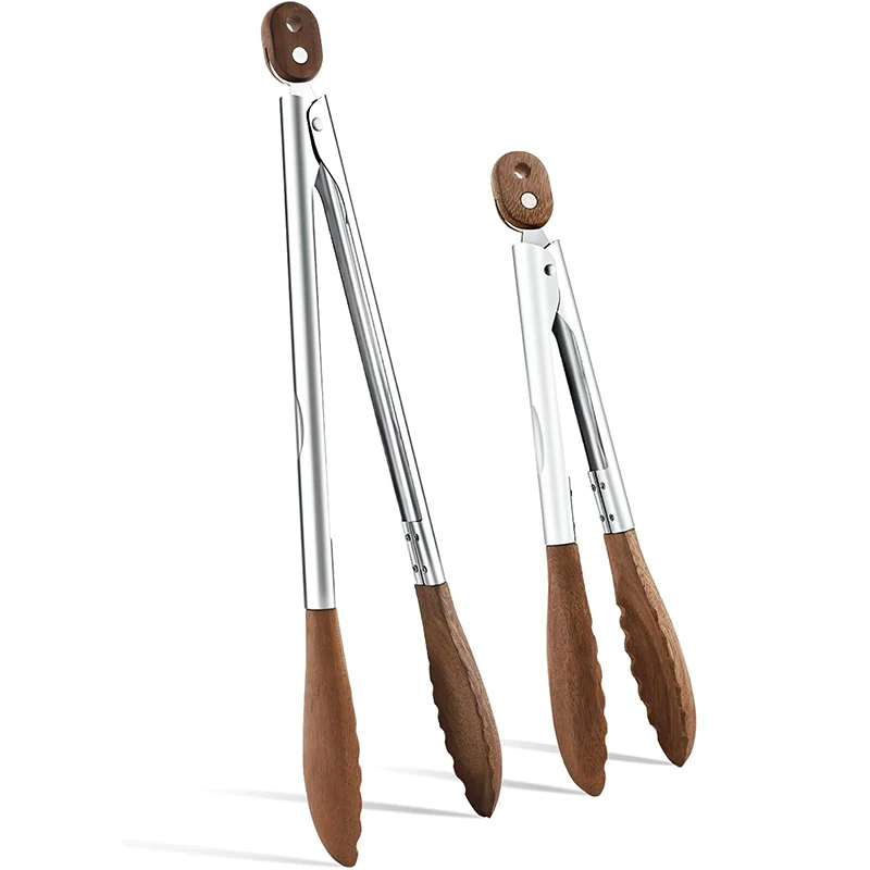 LMETJMA Pinças de cozinha de madeira, pinças de cozinha de aço inoxidável com pontas de madeira, cabo longo, pinças de salada de alimentos para cozinhar churrasco