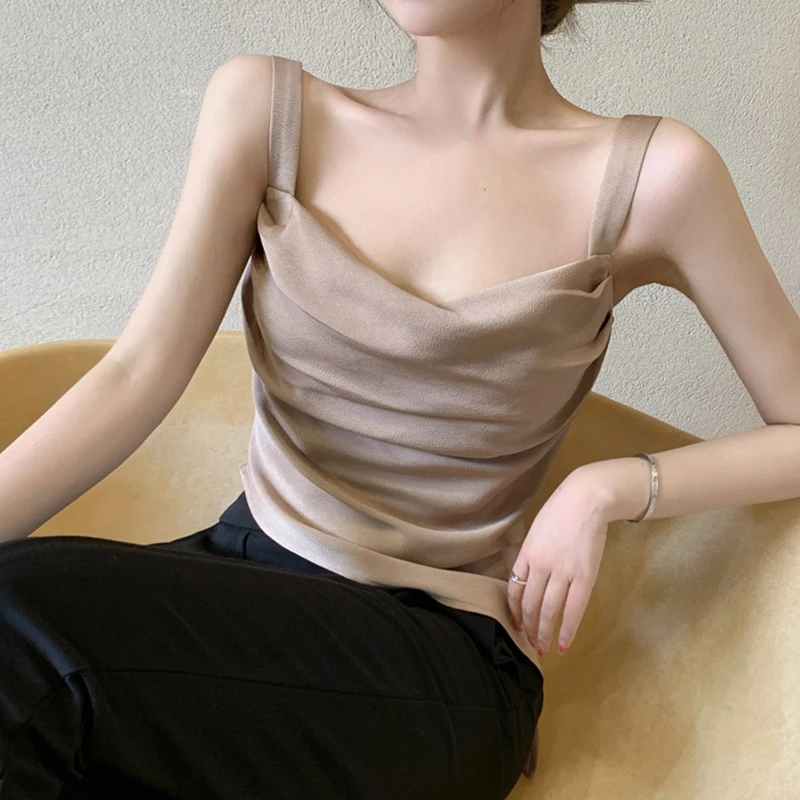 

Fashion Pleated Irregular Vest Women's French Solid Satin Short Vest Female Summer Simple Khaki Slim Woman Camis Y2k 2023 New