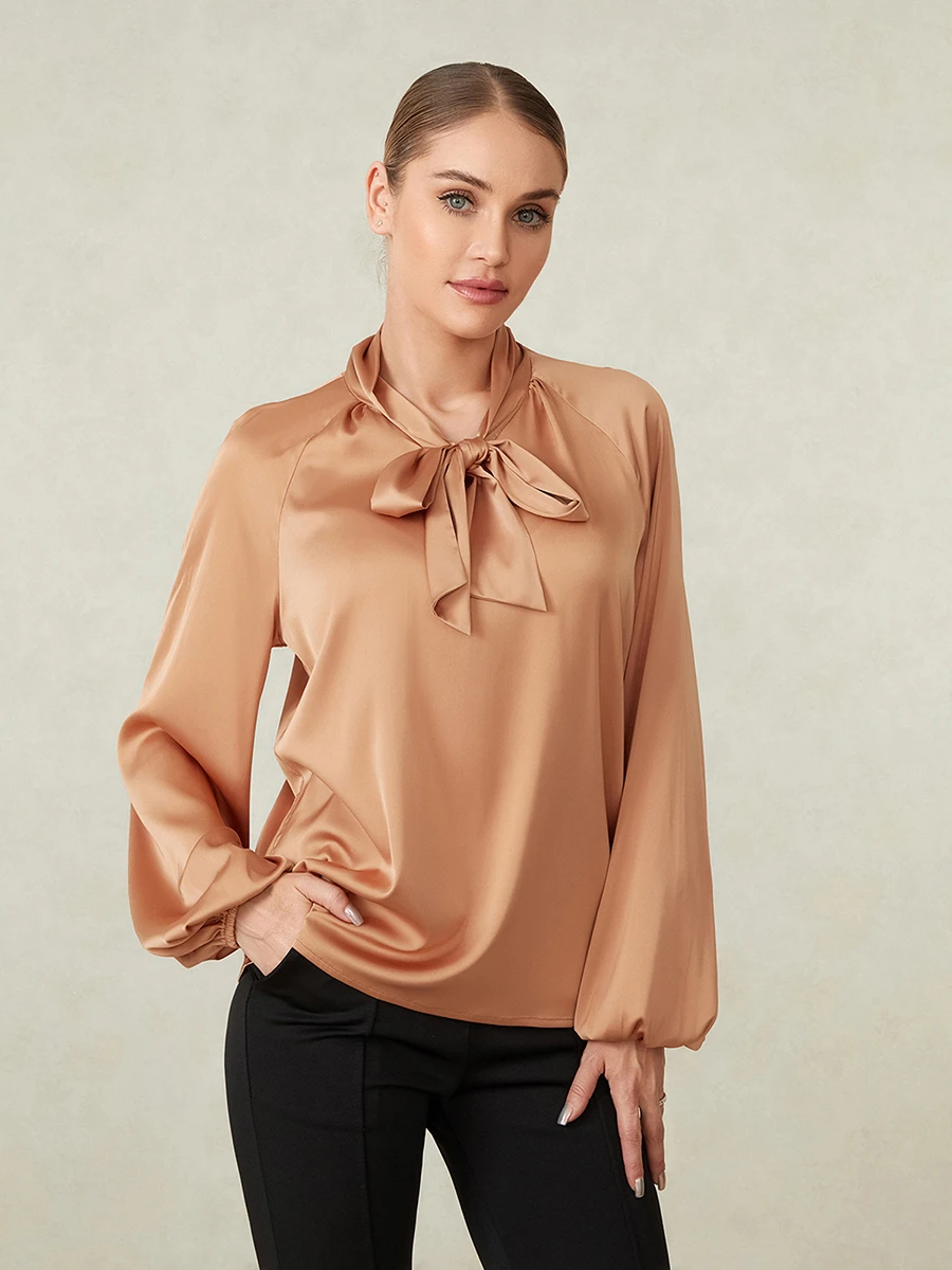 Frauen Satin Shirt, elegnat Langarmhemd Krawatte lose feste Bluse Frühling Herbst Tops für das tägliche Büro