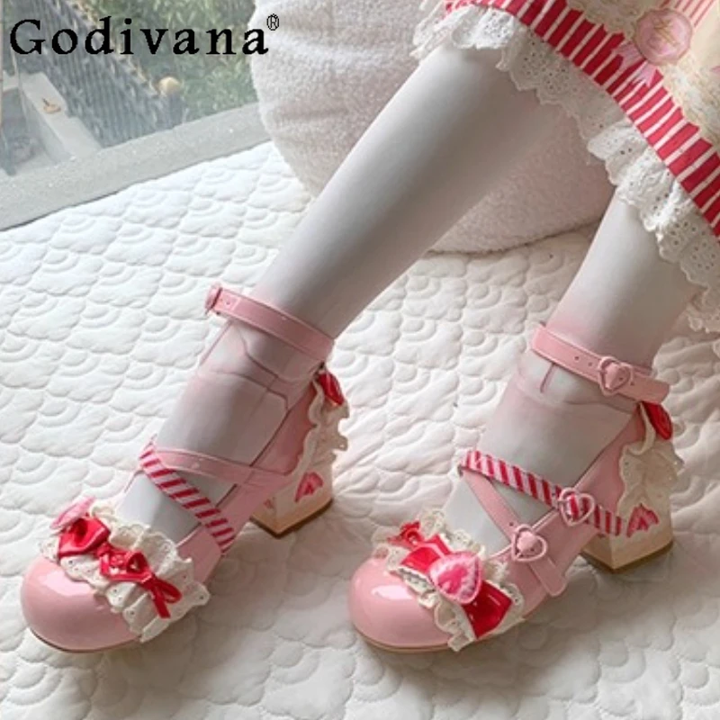 

Original Japanese Sweet Girls Lolita Mid Heel Pumps Spring and Autumn Women Cute Bow Lace Elegant Mary Jane Shoes Princess Shoes