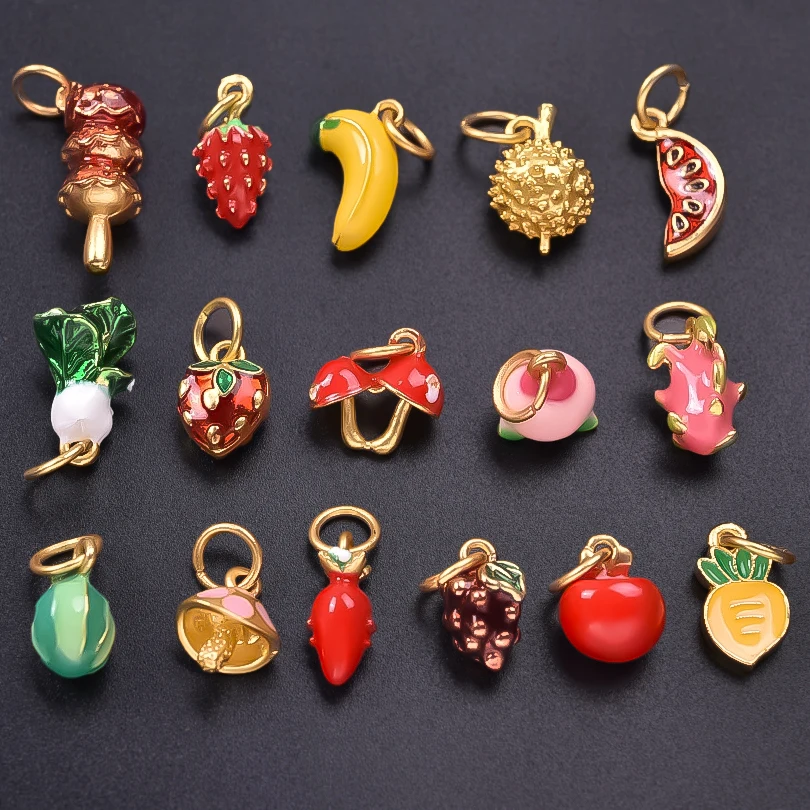 16Pcs/Lot Mix Styles Fruit Banana Strawberry Watermelon Charms Kawaii Vegetables Cabbage Mushroom Carrot Pendant Jewelry Making