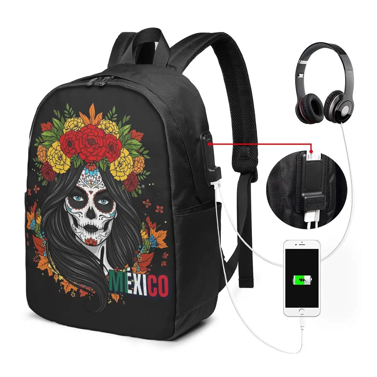 Female Skull Mexico And Flower Backpack Travel Notebook Bag Computer College Student School Bag Laptop Shoulder Bags Men Women