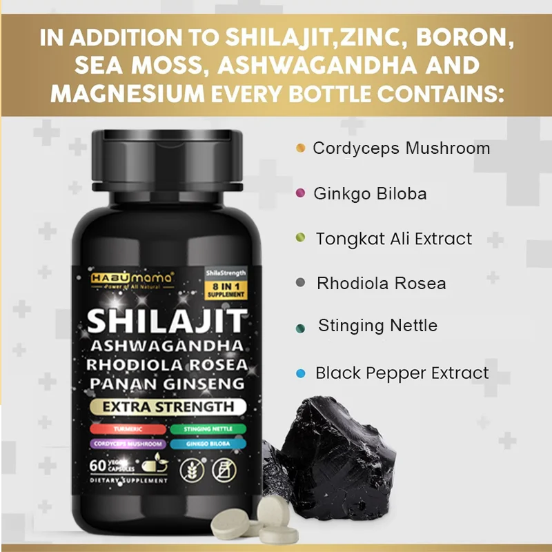 Shilajit 8 In1 - Panax Ginseng  Ashwagandha Rhodiola Rosea Turmeric Gingko Biloba Stinging Nettle Cordyceps Mushroom (60 Caps)