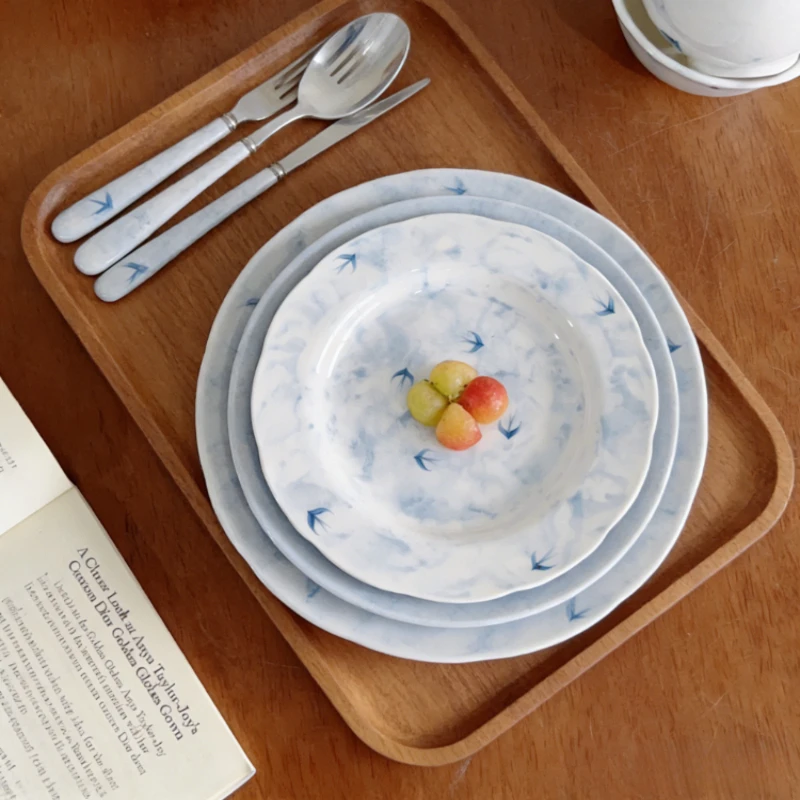 Ink Swallow Nordic Tableware Set Advanced Sense Lace Household Bowl Plate Double Ear Bowl Underglaze Ceramic Rice Bowls Dinner