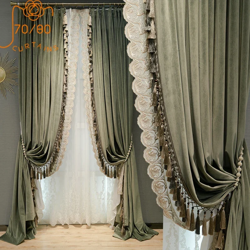 American Retro Dark Green Velvet Thickened Blackout Curtains for Living Room Bedroom Villa French Window Customized