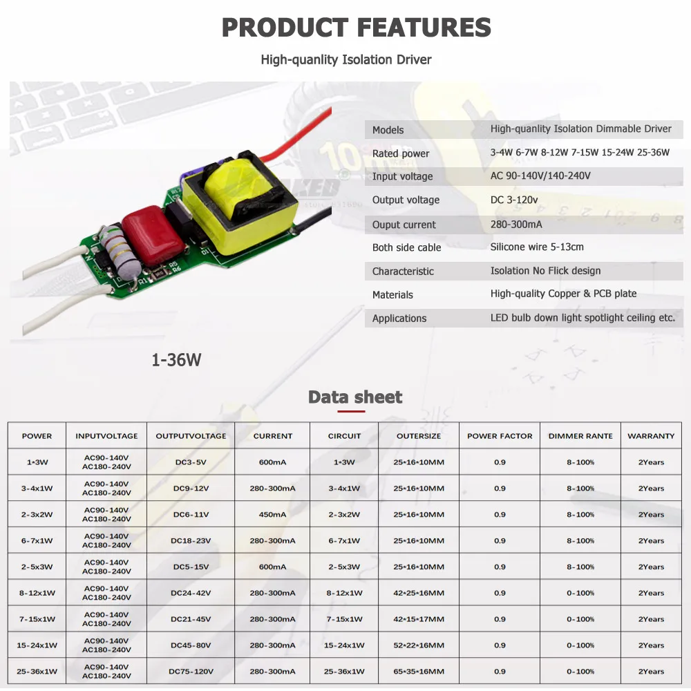 PMW Dimming LED Driver 300mA PCB Board IC Controll 7-15W 15-24W 25-36W Dimmable Power Supply Lighting Transformer No flicker DIY