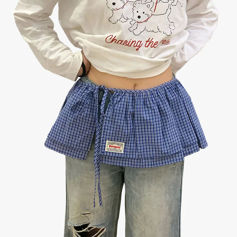 セクシーなヴィンテージチェック柄オーバーレイおならカーテン女性のための日本のかわいいストラップ半身スカートスパイスガールズジーンズカーテンスカート