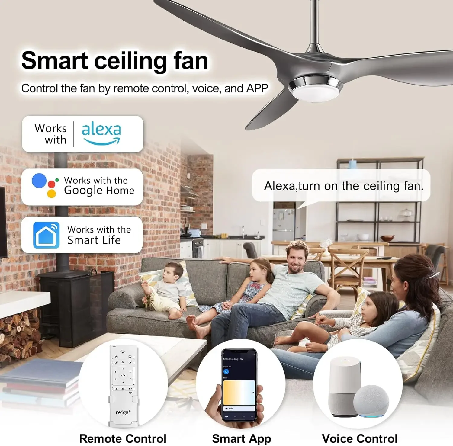 52 Inch Modern Smart Ceiling Fan with Light and Remote Control, Living Room Bedroom 3 Blade Ceiling Fans with Reversible Quiet D