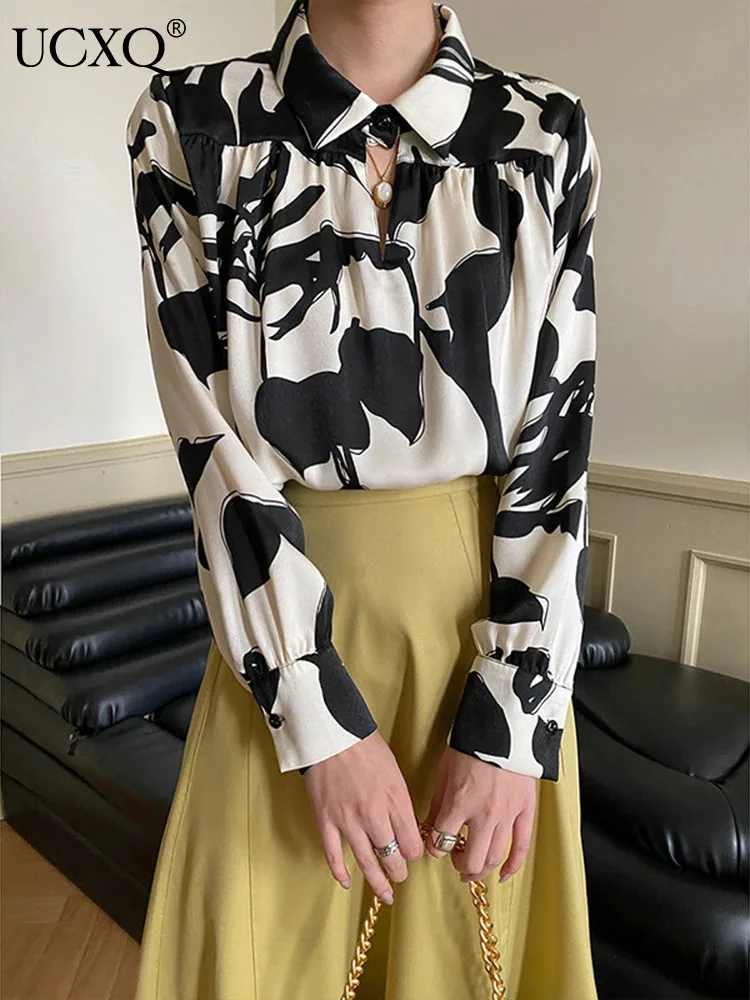 

UCXQ Винтажная повседневная рубашка для офиса и женщин с воротником-поло и длинным рукавом, свободная универсальная элегантная блузка для женщин 2024, весна-осень A9531
