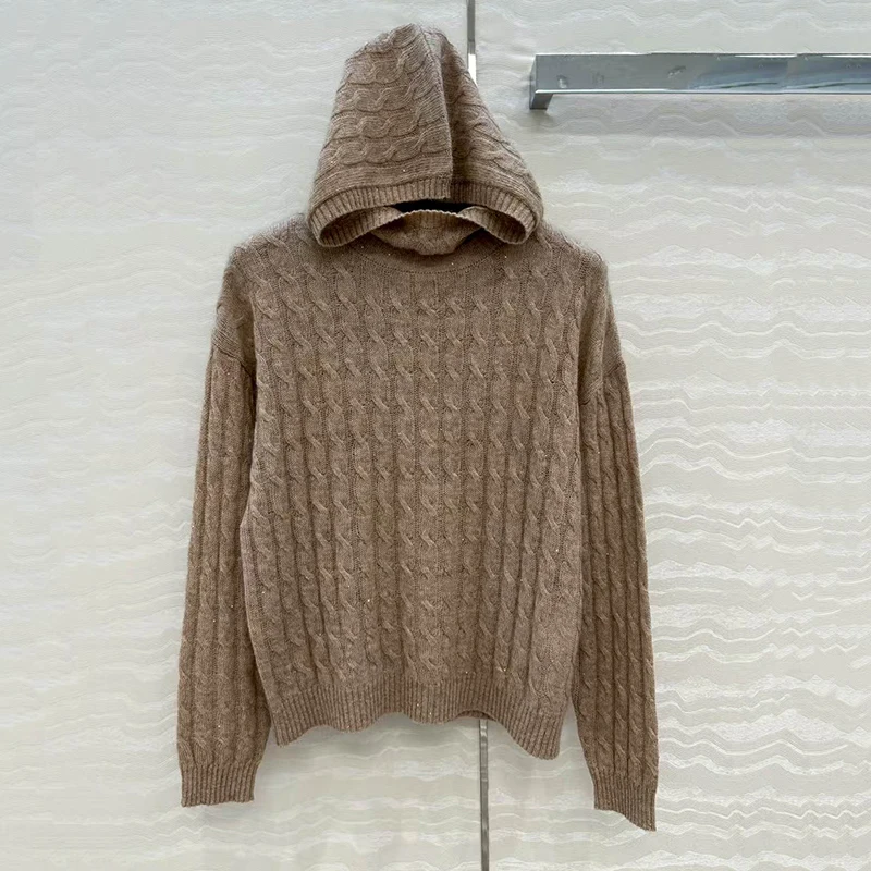 

Women's sweater New elastic knitted slim fit hooded pullover for autumn 2025 wool blend knitwear Sequin blend long sleeved top