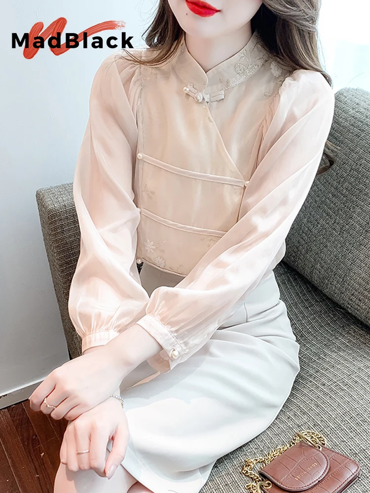 

MadBlack-Женская европейская рубашка, сексуальный отложной воротник с вышивкой, свободная шифоновая блузка с длинными рукавами S-2XL, весна 2026 T5D075CC