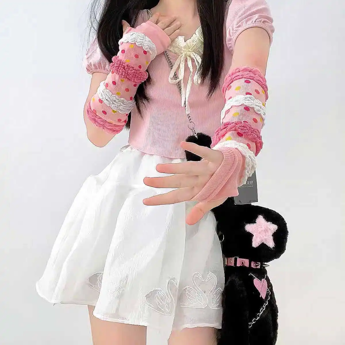 1 Pairs Women's Sleeves Autumn Winter Japanese Dot Dopamine Cute Kawaii Sweet Y2K Lolita High-quality Sleeves Gloves For Girl