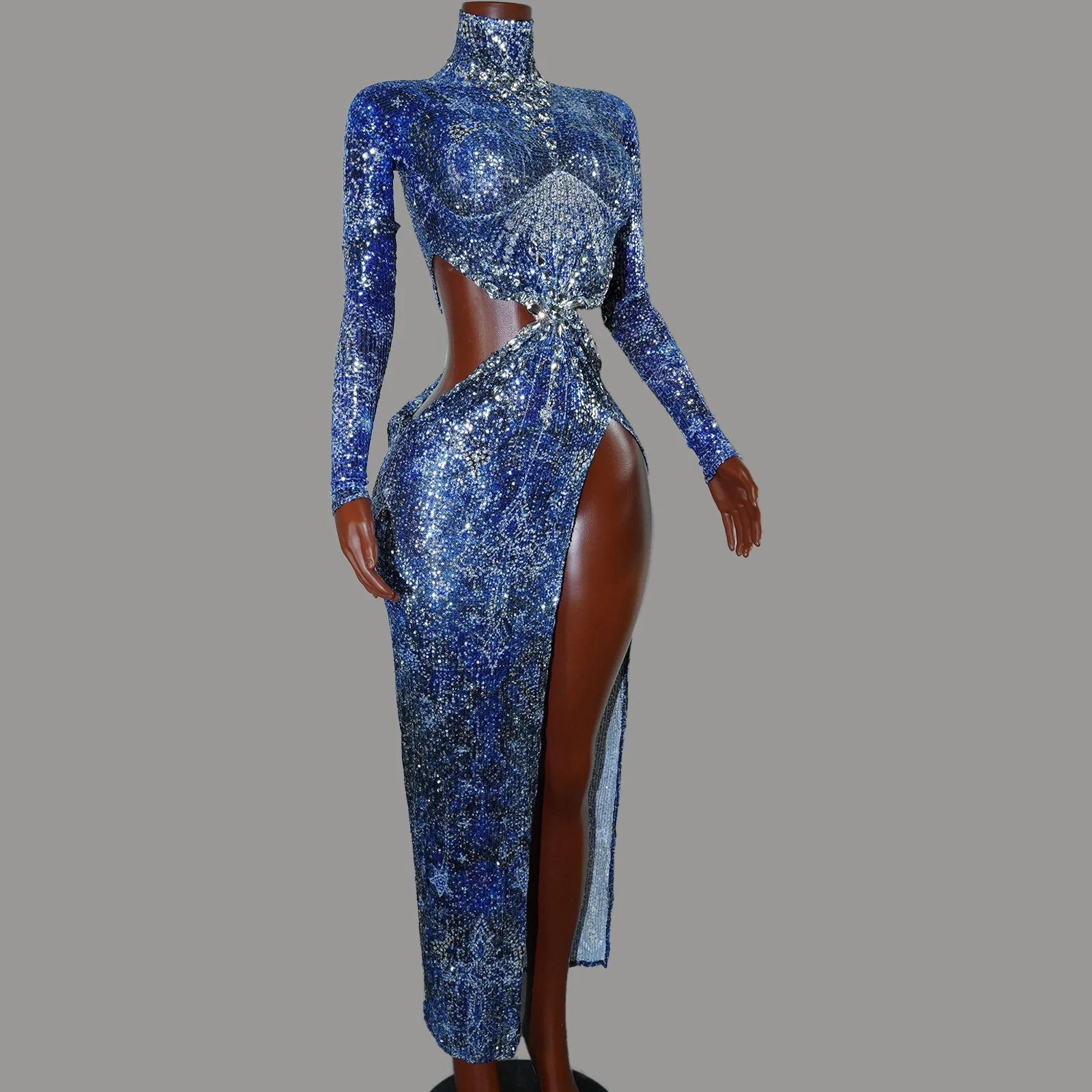 Сексуальное синее платье с блестками и высоким воротом, длинными рукавами и вырезом на талии, вечернее платье с высоким разрезом, костюм певицы, сценического костюма трансвестита