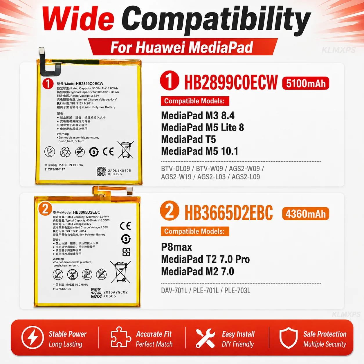 Replacement Tablet Repair Battery HB2899C0ECW  HB3665D2EBC For Huawei MediaPad M3 8.4 M6 10.8 M5 Lite T2 7.0 Pro