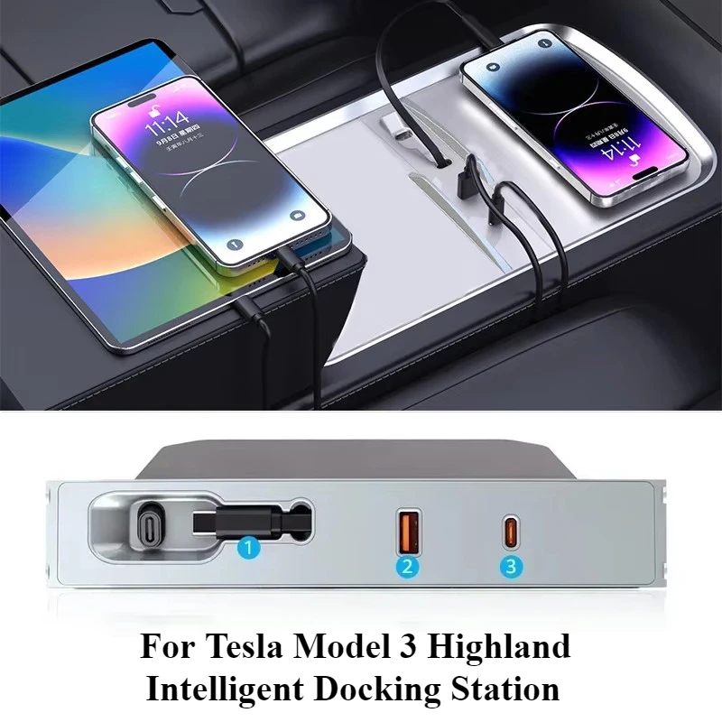 For Tesla Model 3 Highland 2024 Quick Charger USB Shunt Hub Intelligent Docking Station Car Adapter Powered Splitter Extension