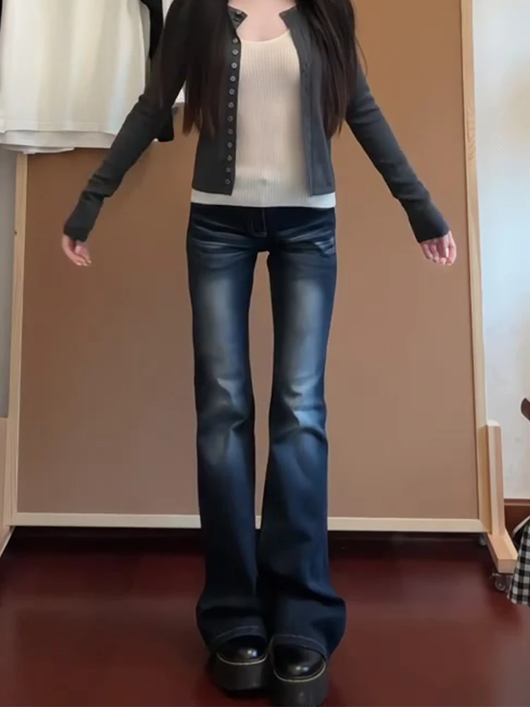 미국 슬림 플러스 사이즈 여성용 K 웨이스트 스트레이트 레그 진 가을 겨울 신상 슬림핏 마이크로 플레어 팬츠