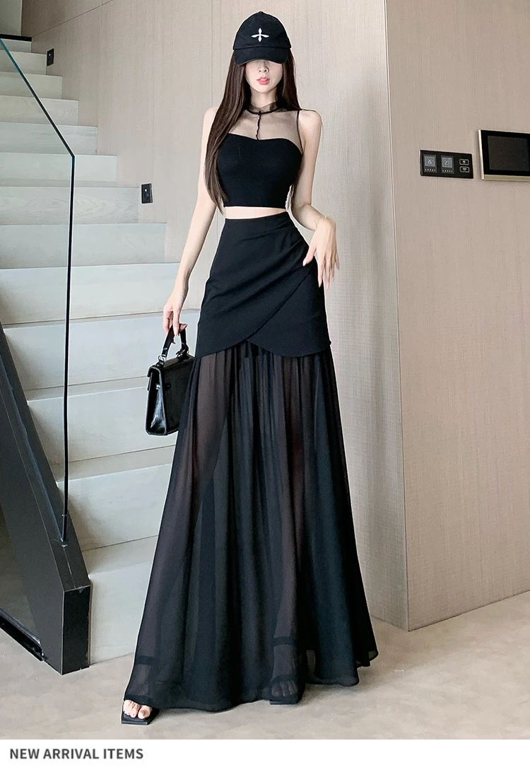 Nowa moda wysokiej klasy szyfonowa patchworkowa czarna płynąca seksowna pół spódnica nisza wysoka talia wyszczuplająca temperament długa spódnica