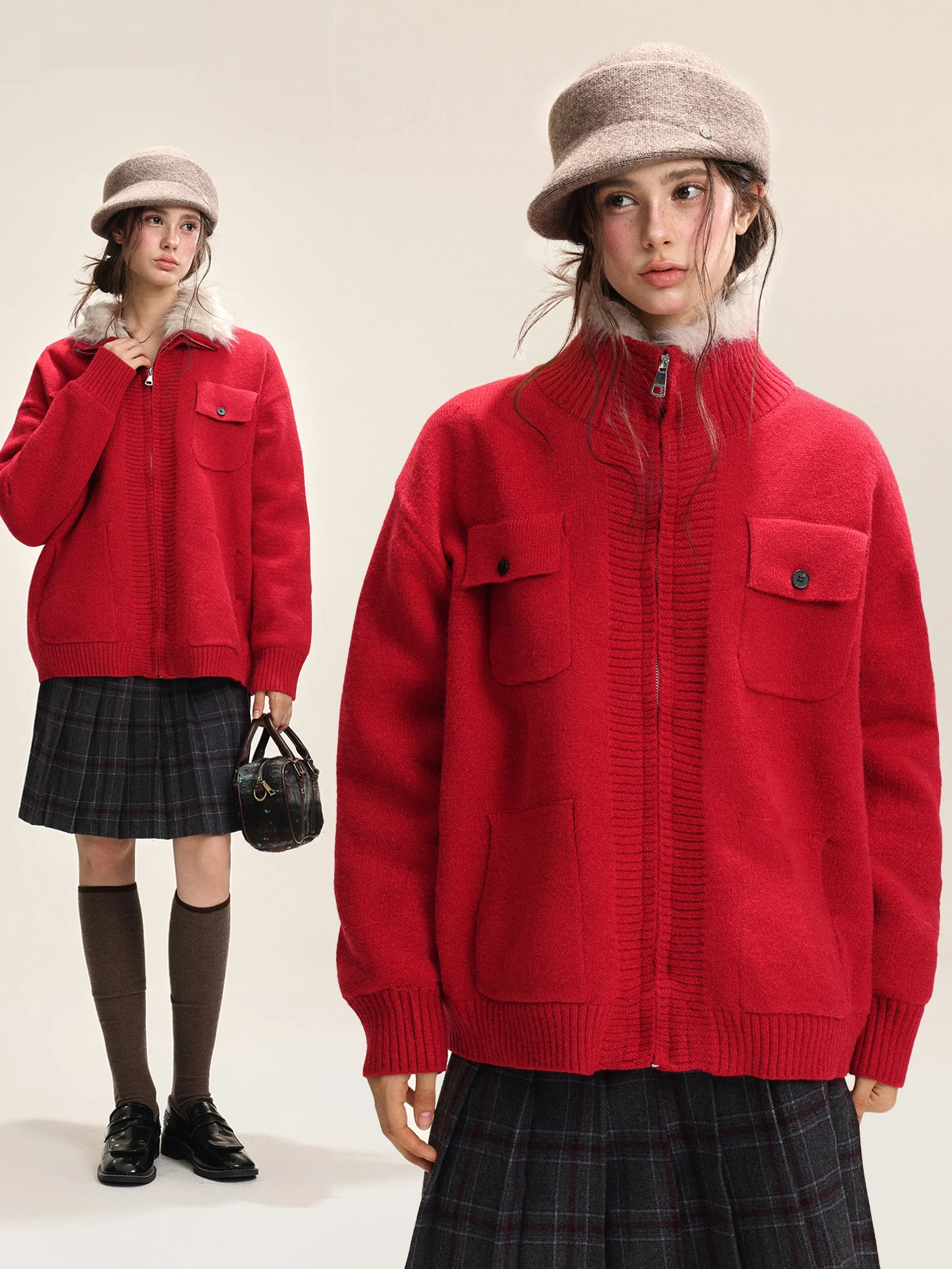 

Red Furry Collar Knitted Loose Casual Sweater Outerwear for Women Autumn Winter Comfortable Long Sve Zipper Closure