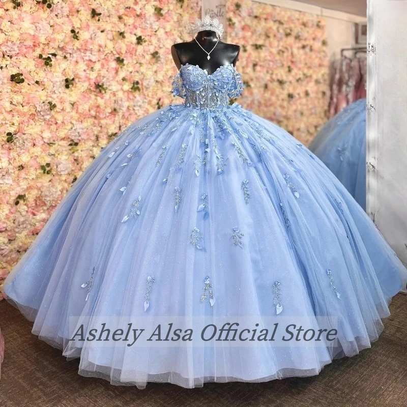 Real Picture Sky Blue Shiny Princess Quinceanera Dresses Off The Shoulder Lace Floral Sweet 16 Dresses Prom Vestido VX 15 Años