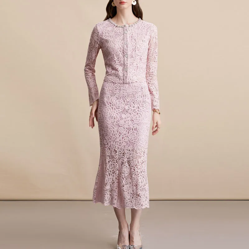 

Комплект юбки для женщин, новый тонкий элегантный комплект с длинным рукавом и круглым вырезом, кружевной женский комплект с бисером, комплект из двух предметов, женские наряды 2025 Q854