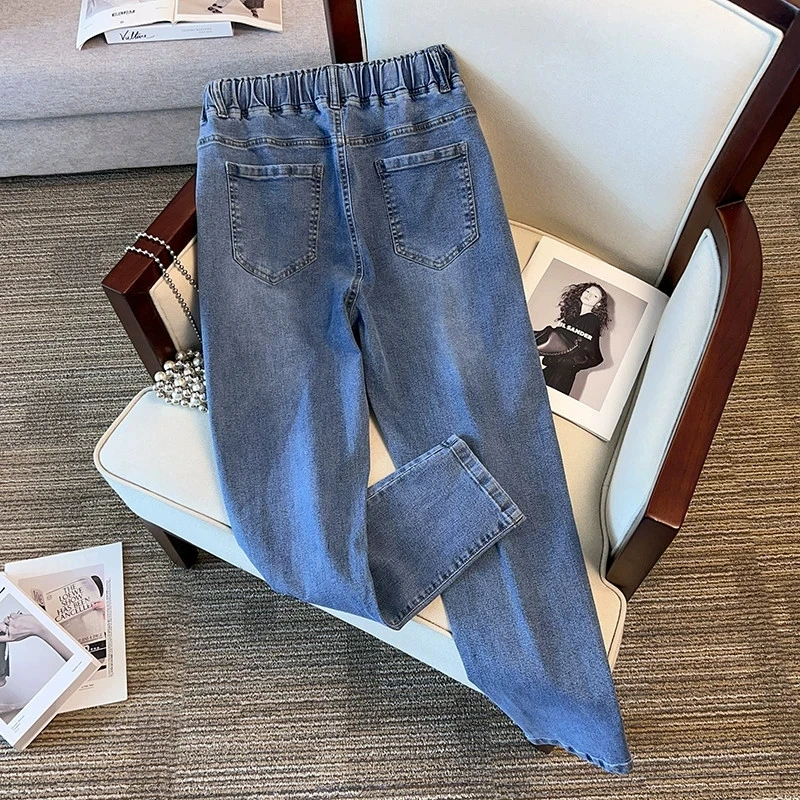 Plus Size 7XL 170kg Women Denim Pants High Elastic Waist Jeans Trousers Pockets Thin Slim Ladies Ankle Length Loose Trousers