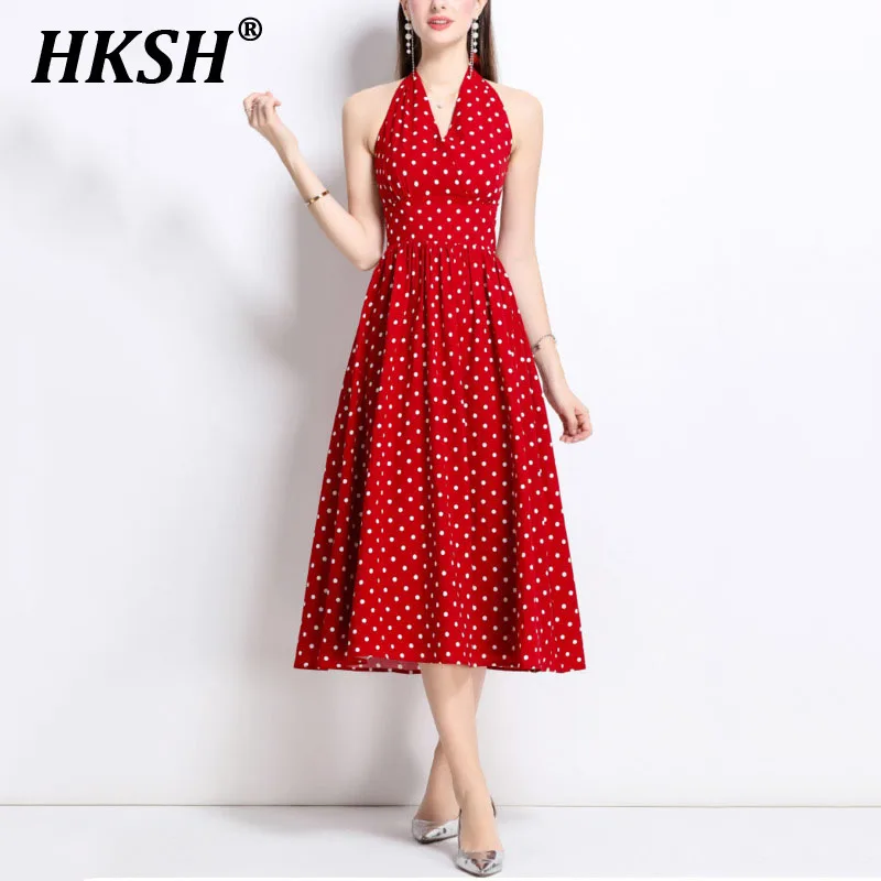 

HKSH Summer New Women's Tide Ins Trendy Elegant Temperament Vintage Sleeveless Halter Neck Polka Dot Waist Cinching Dress HK6342