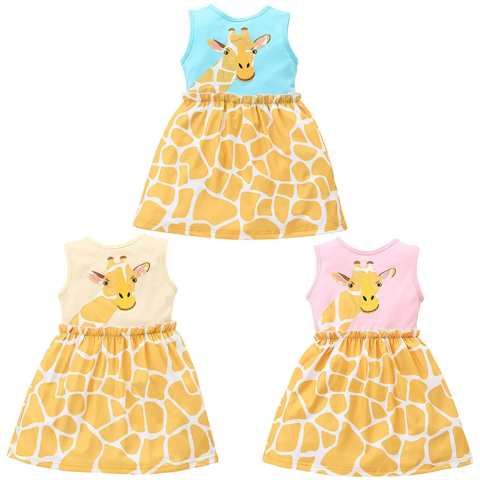 2-6Y Children Sleeveless Giraffe Printed Dress Girls Fashion Casual Cartoon Animal Cotton Dress Summer Girls Refreshing Dress