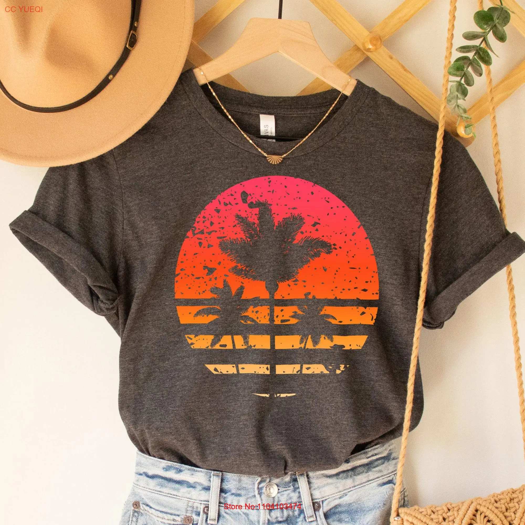 Retro Palm Tree SunseT T Shirt Vintage Tropical Summer Colorful Glitch Nature Beach Cute  long or short sleeves