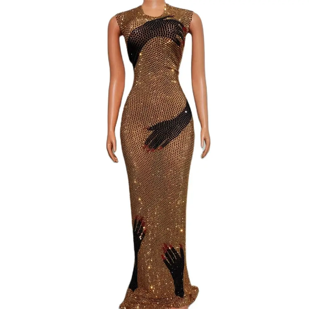 New Performance Dress Black Hand Long Dress Nightclub DJ Bar Female Singer Full Diamond Printed Mesh Dance Team DS Grand Show