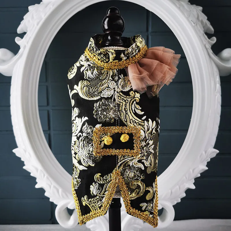

Luxury Golden Embroidery European Court Style Pet Boy Dog Clothes Handmade Party Suits Coats for Small to Medium Dogs Pood