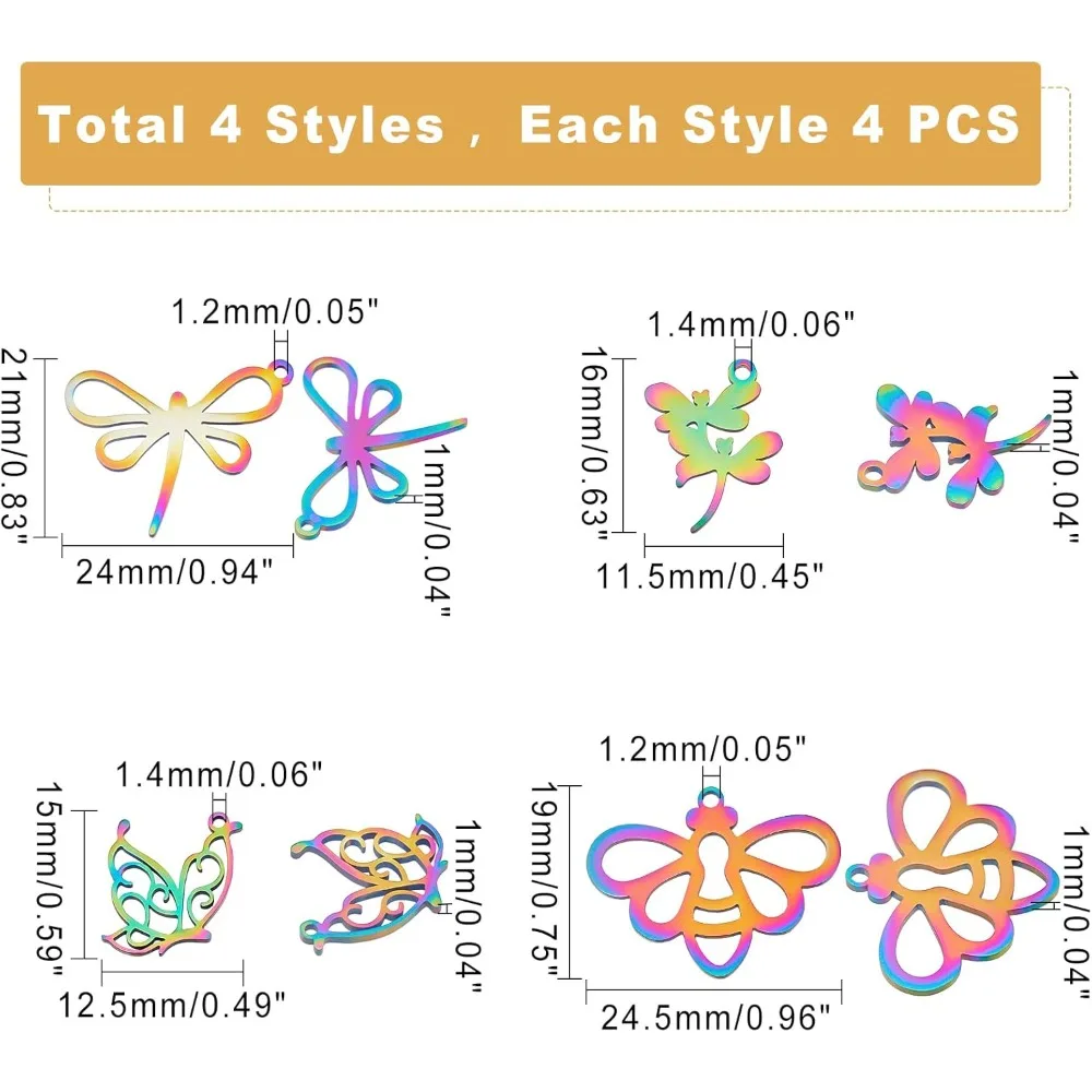 16Pcs 4 Styles Dragonfly Charms Stainless Steel Hollow Style Insect Charm Pendant Colorful Dragonfly Butterfly Bee Animal Charms
