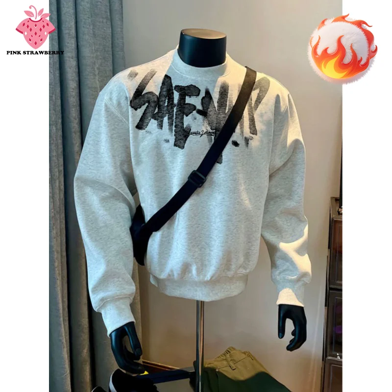 American Letter Print Plush Sweatshirt Men Autumn Winter 2025 New Oversize Loose Long sleeves Pullover Y2K Top Men Warm clothing
