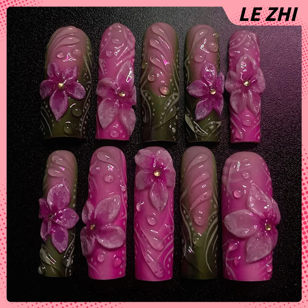 Europe America Y2K Spice Girl Long Square Shape Handmade Press On Nails Water Ripples Lips Teeth Diamond Bow Flowers Fake Nails