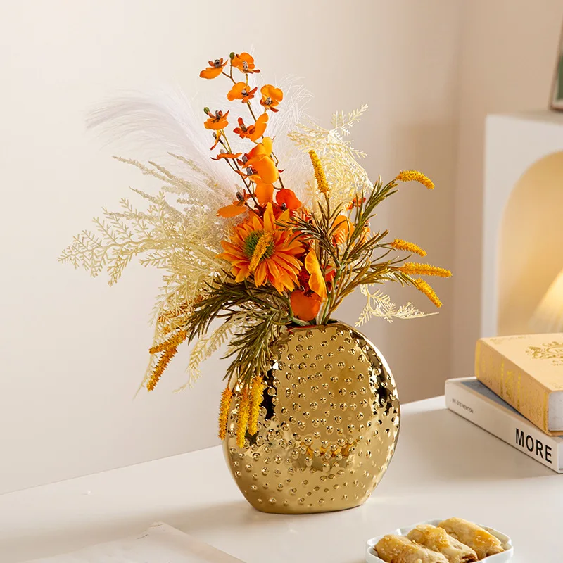 Golden Electroplated Ins Style Retro Ceramic Flower Vase Light Luxury Art Porcelain Floral Pot Soft Home Desktop Decor Ornament
