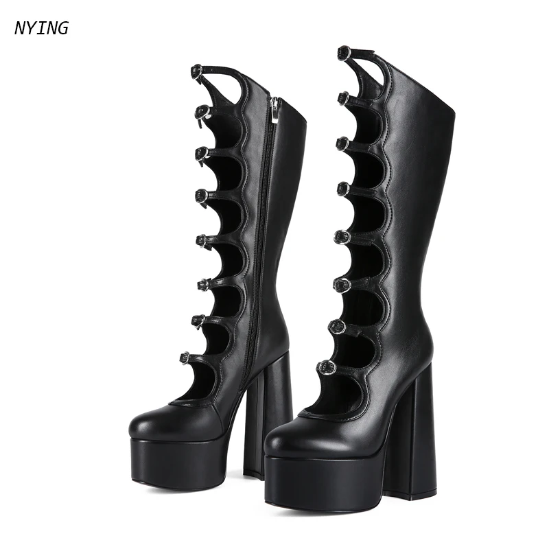 Women Black Gothic Hollow Out Multi Buckle Knee High Boots Platform Block Heels Round Toe Side Zipper Punk Streetwear Heels