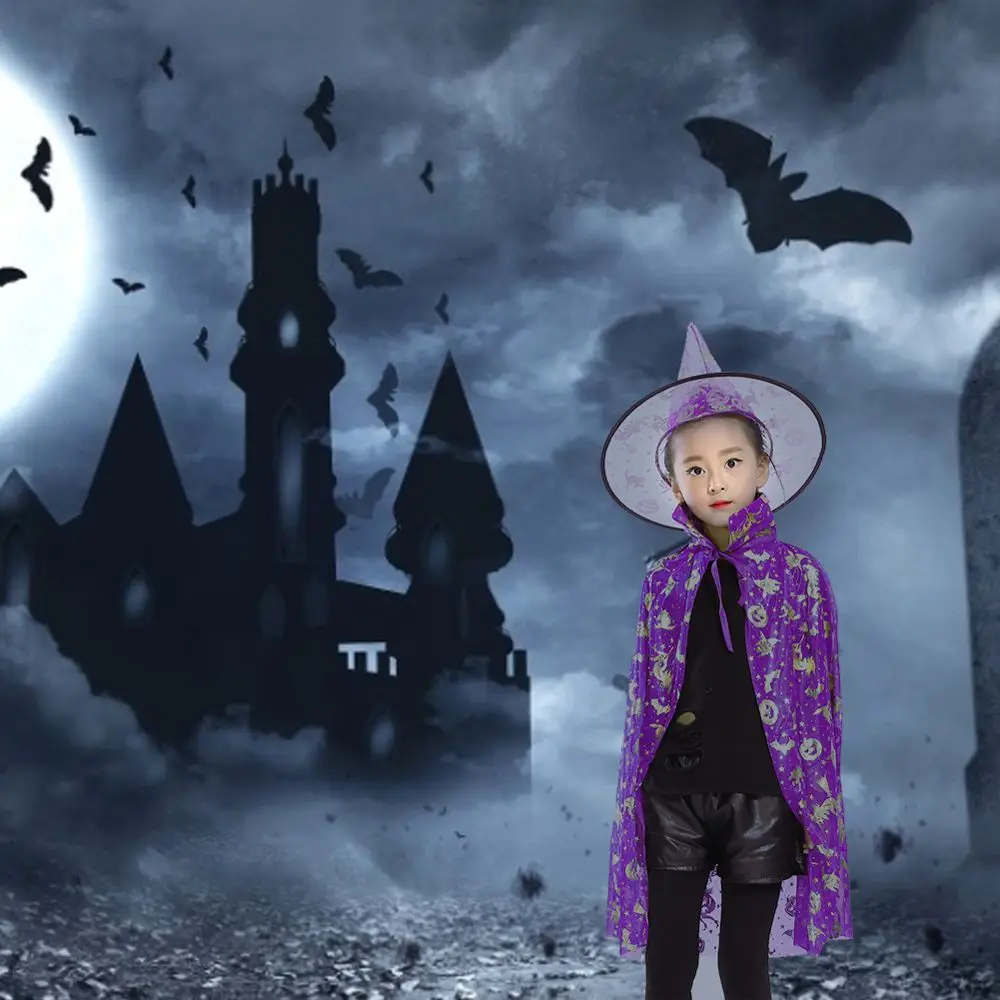 Gorros de bruja Unisex, sombrero de murciélago para niños y niñas, conjuntos de capa de Halloween, disfraces aterradores, disfraces de Cosplay para niños, ropa de actuación