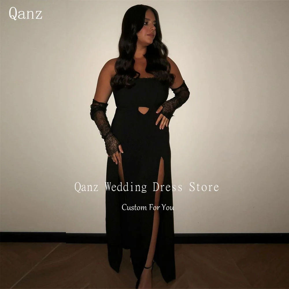 

Qanz Sexy Black Evening Dresses Long Sleeves Satin Mermaid Vestido De Fiesta Para Dama High Slit Strapless Party Gown Customized